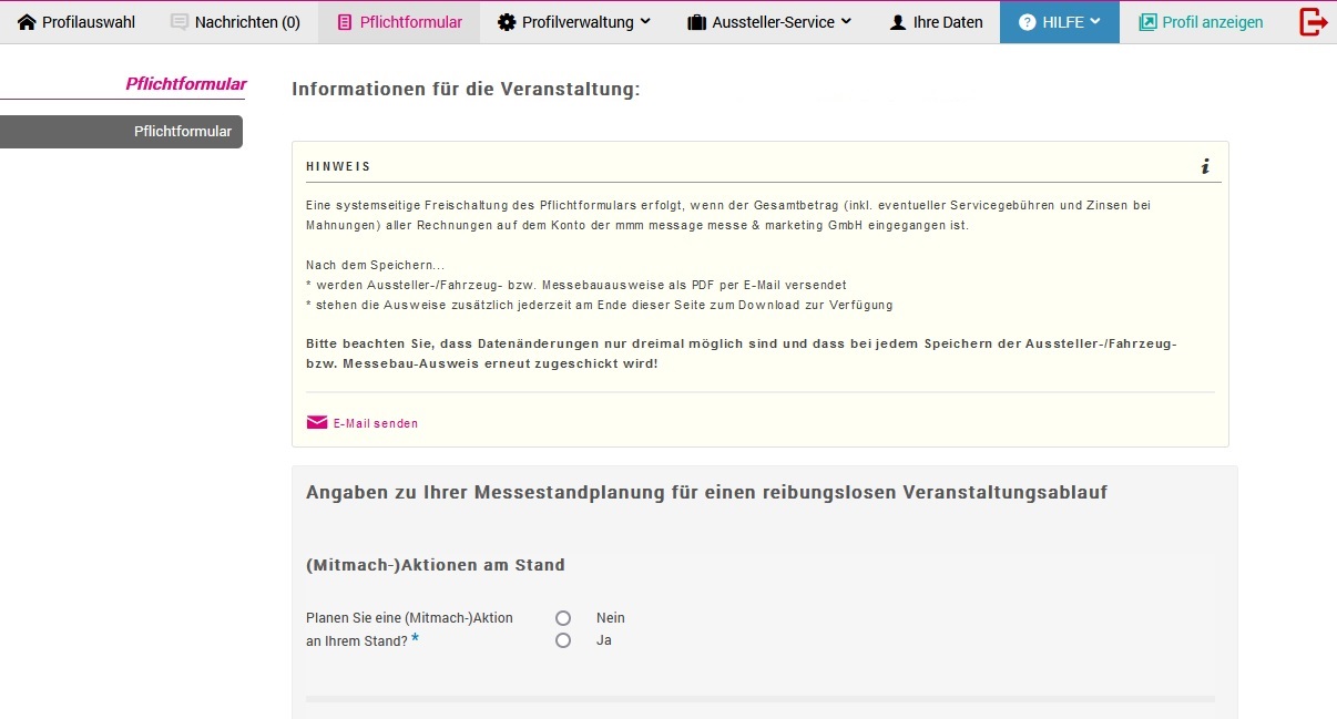 Standverwaltung - Men&uuml;punkt "Pflichtformular"