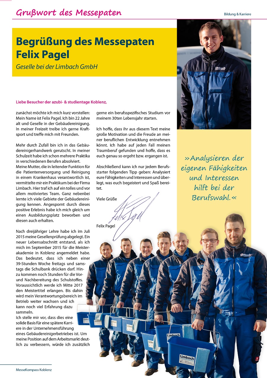 Traumberuf - Gebäudereiniger - Messepate Koblenz 2017 - Felix Pagel - Gebäudereiniger - Geselle bei der Limbach GmbH Traumberuf - Gebäudereiniger - Messepate Koblenz 2017 - Felix Pagel - Gebäudereiniger - Geselle bei der Limbach GmbH