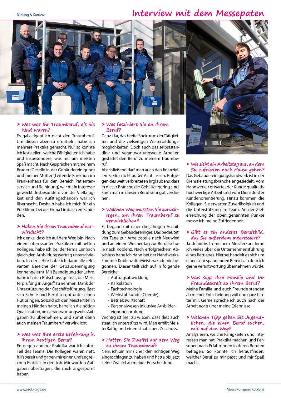 Traumberuf - Gebäudereiniger - Messepate Koblenz 2017 - Felix Pagel - Gebäudereiniger - Geselle bei der Limbach GmbH Traumberuf - Gebäudereiniger - Messepate Koblenz 2017 - Felix Pagel - Gebäudereiniger - Geselle bei der Limbach GmbH
