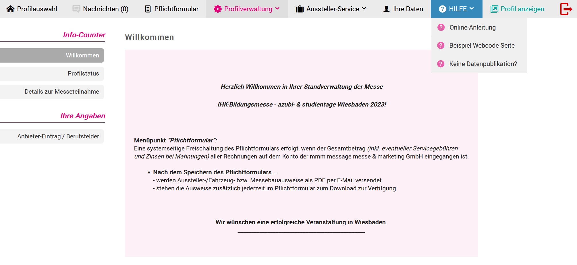 Standverwaltung - Men&uuml;punkt "HILFE"