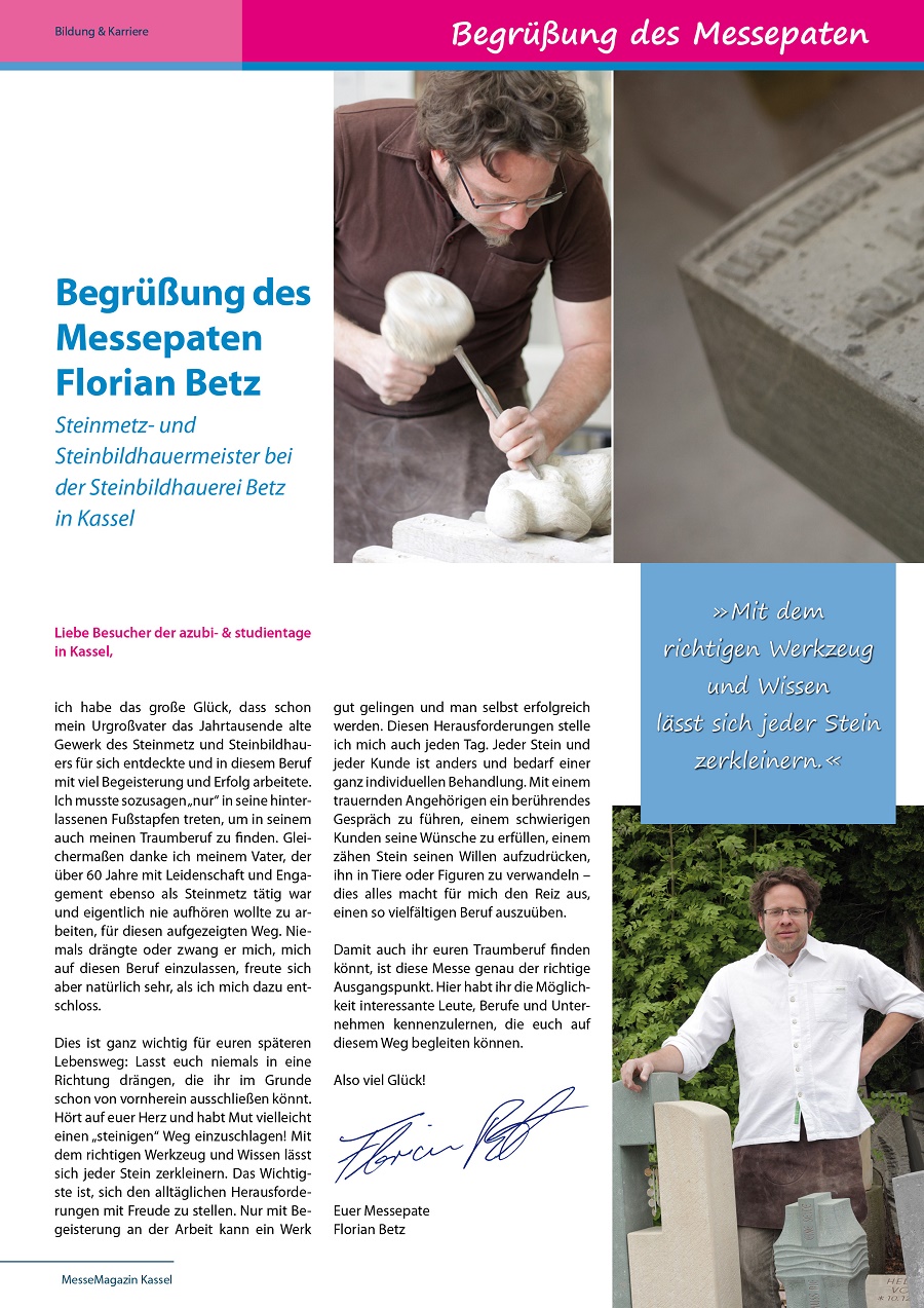 Traumberuf: Steinmetz - und Steinbildhauer - Messepate azubi- & studientage Kassel 2016 - Florian Betz - Steinmetz- und Steinbildhauermeister bei der Steinbildhauerei Betz Traumberuf: Steinmetz - und Steinbildhauer - Messepate azubi- & studientage Kassel 2016 - Florian Betz - Steinmetz- und Steinbildhauermeister bei der Steinbildhauerei Betz