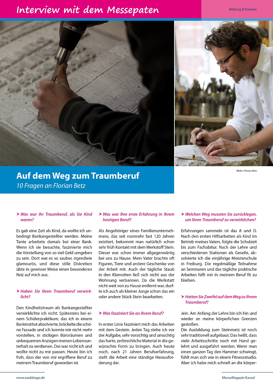 Traumberuf: Steinmetz - und Steinbildhauer - Messepate azubi- & studientage Kassel 2016 - Florian Betz - Steinmetz- und Steinbildhauermeister bei der Steinbildhauerei Betz Traumberuf: Steinmetz - und Steinbildhauer - Messepate azubi- & studientage Kassel 2016 - Florian Betz - Steinmetz- und Steinbildhauermeister bei der Steinbildhauerei Betz