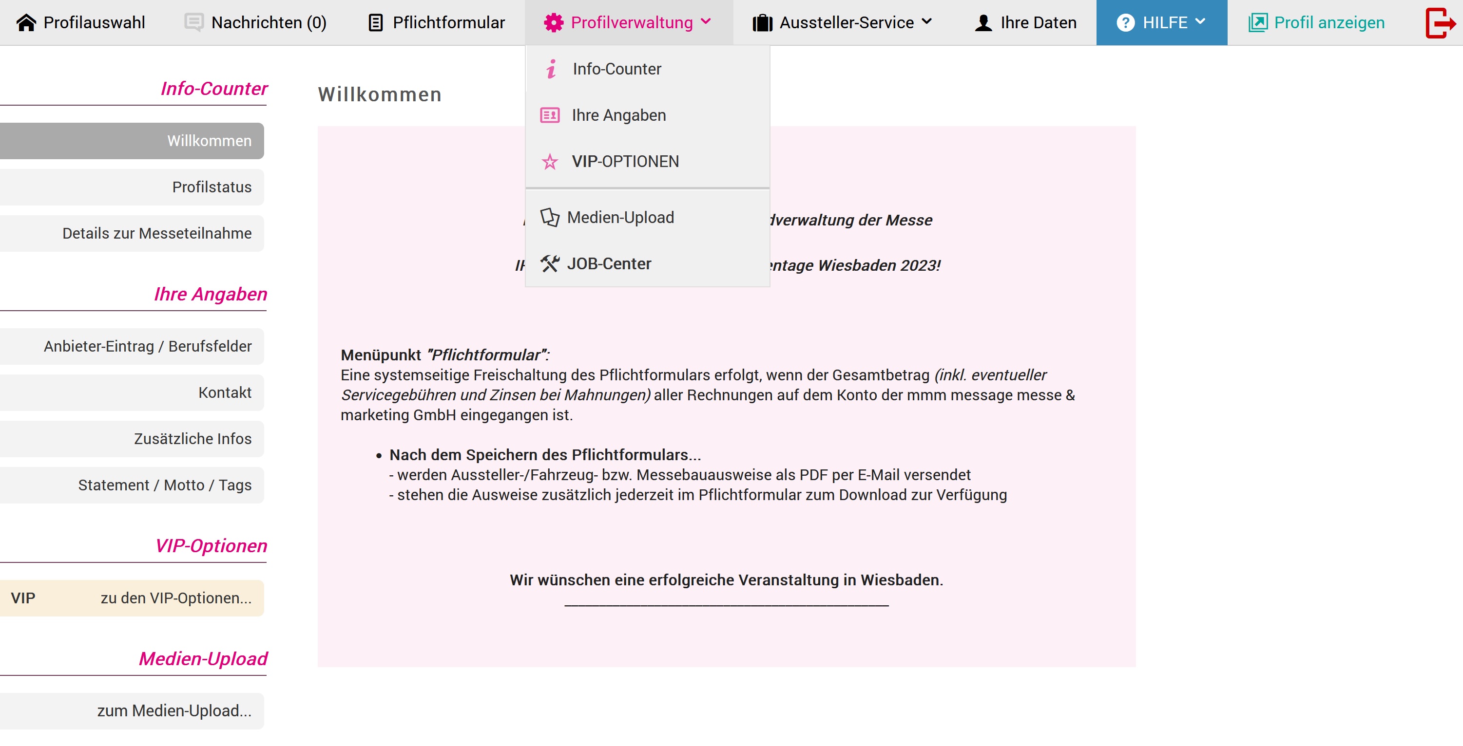 Men&uuml;leiste Standverwaltung Service-Paket S