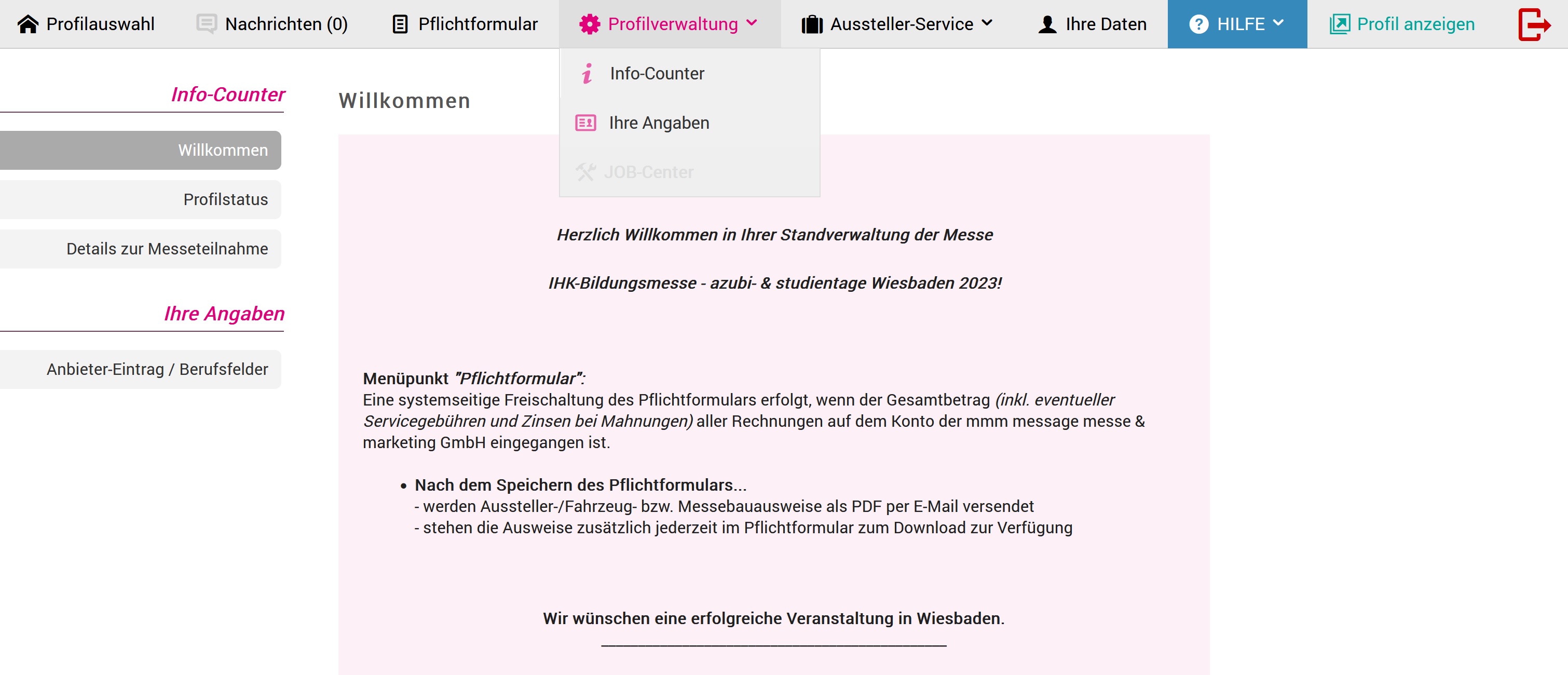 Men&uuml;punkt "Profilverwaltung" - Service-Paket M