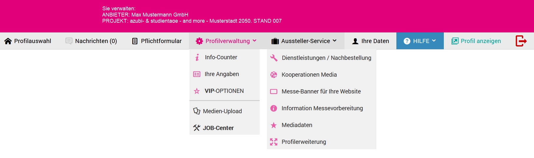Men&uuml;leiste Standverwaltung