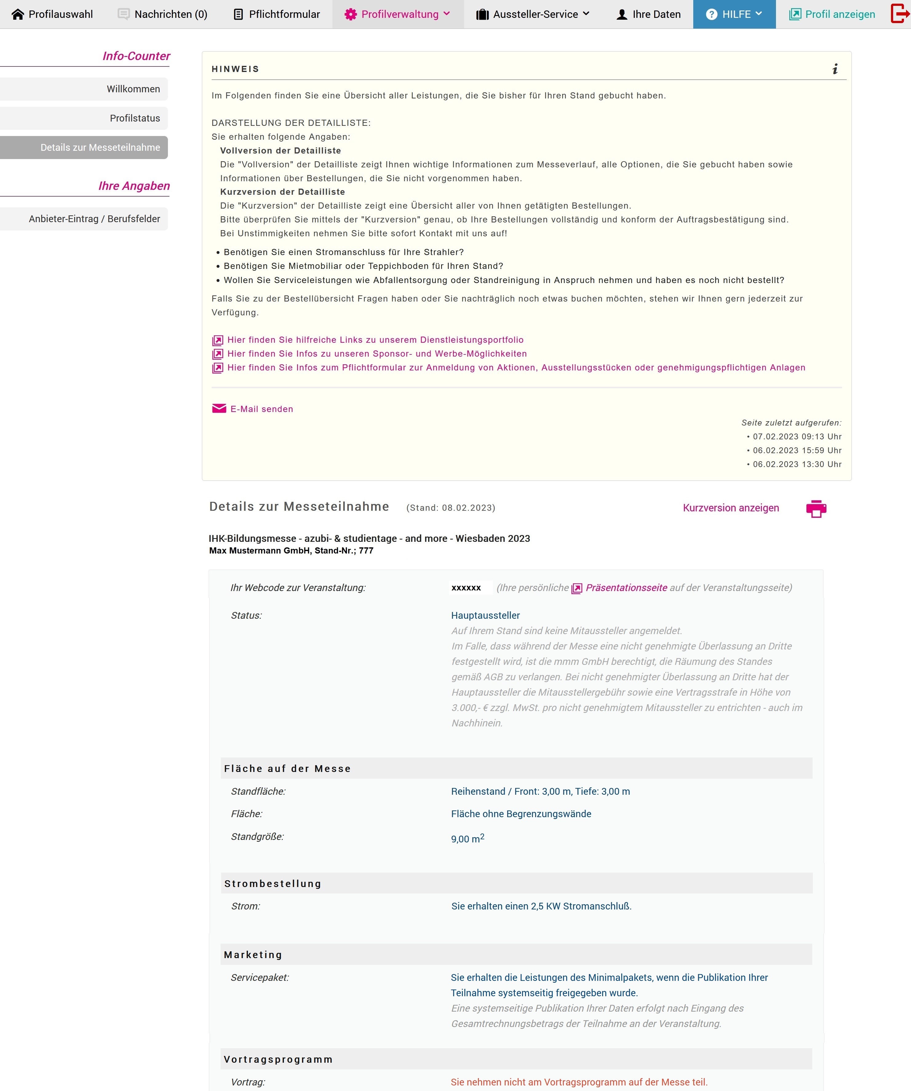 Beispiel: Details zur Messeteilnahme - Vollversion Servicepaket M