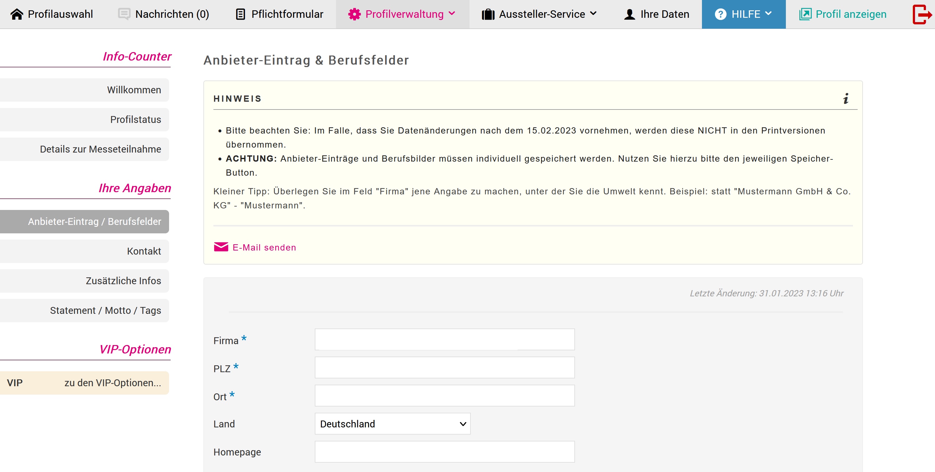 Inre Angaben - Anbieter-Eintrag