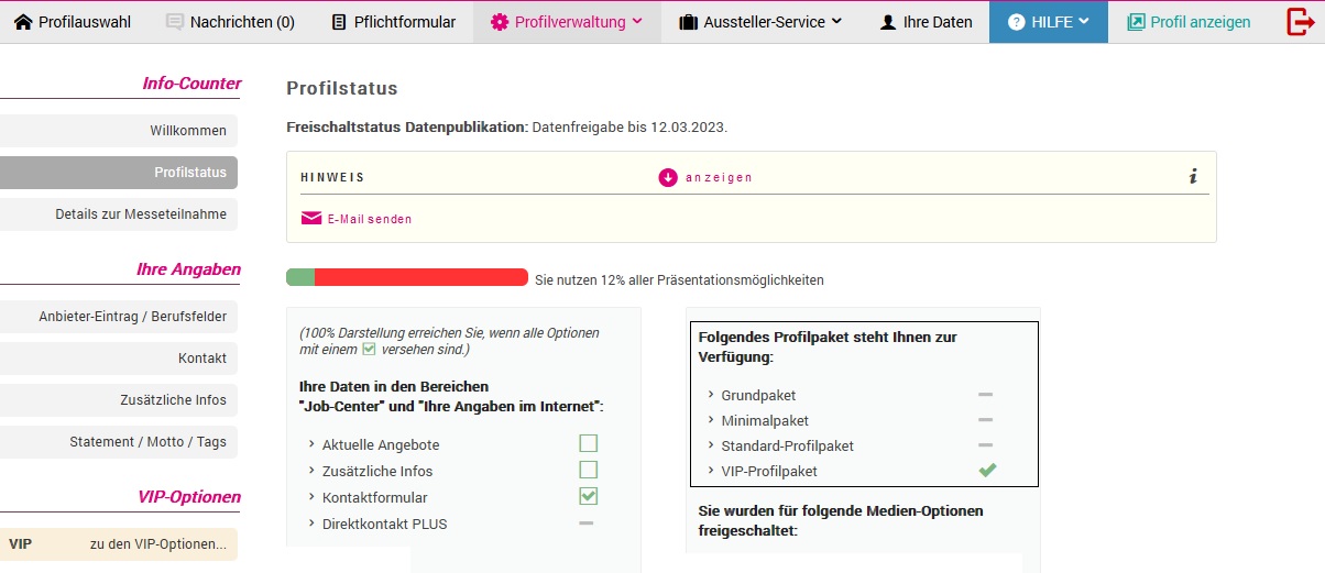 Men&uuml;punkt "Profilverwaltung" | Indo_Counter" |  "Profilstatus" | "Folgendes Profilpaket steht Ihnen zur Verf&uuml;gung"