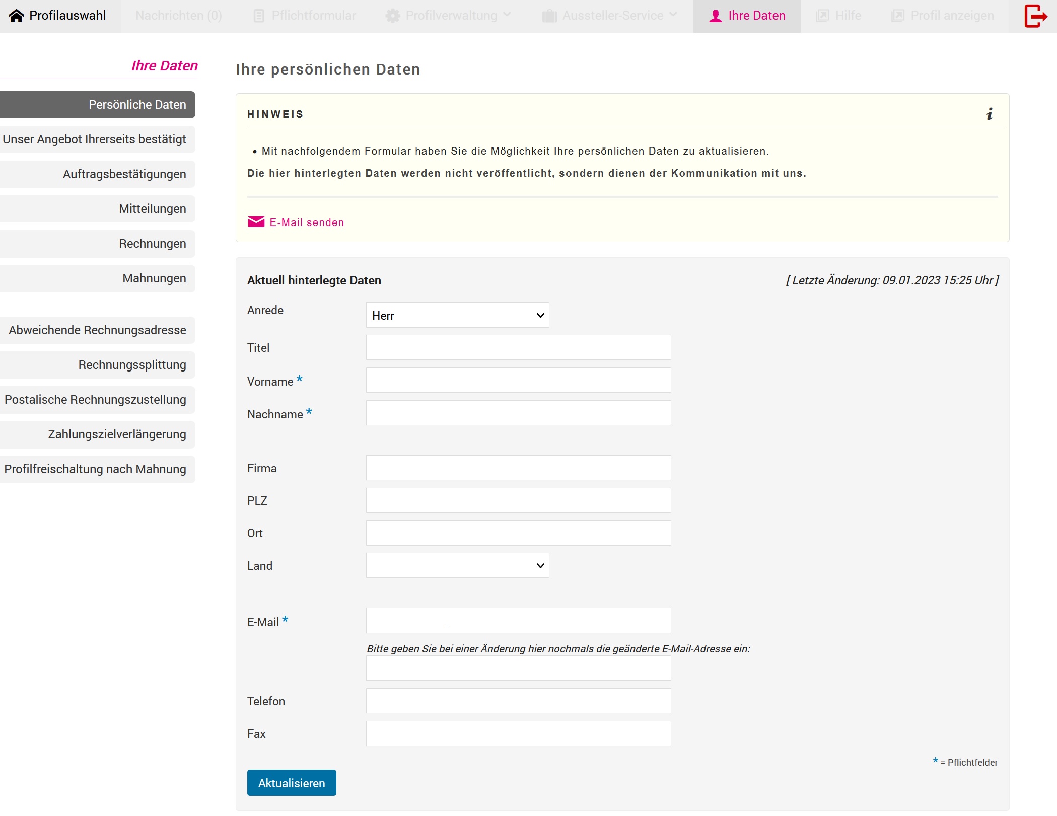 Menüpunkt "Ihre Daten" - Option "persönliche Daten"