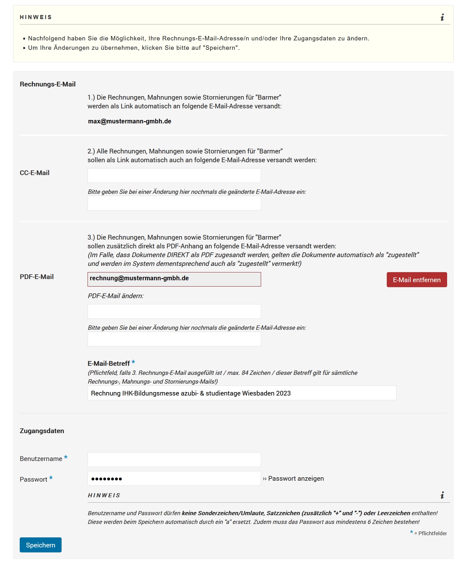 Menüpunkt "Ihre Daten" - Option "persönliche Daten"  Rechnungs-E-mail sowie Zugangsdaten