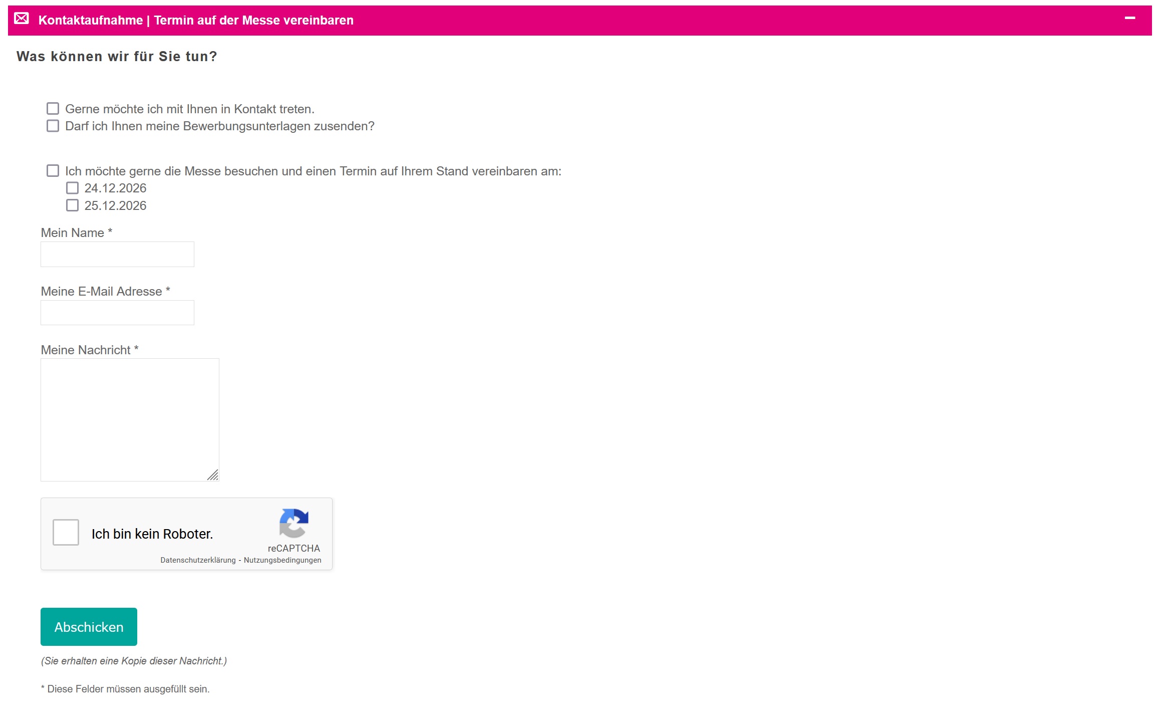 Ausstellerbeispiele Webcode-Seite | Kontaktaufnahme