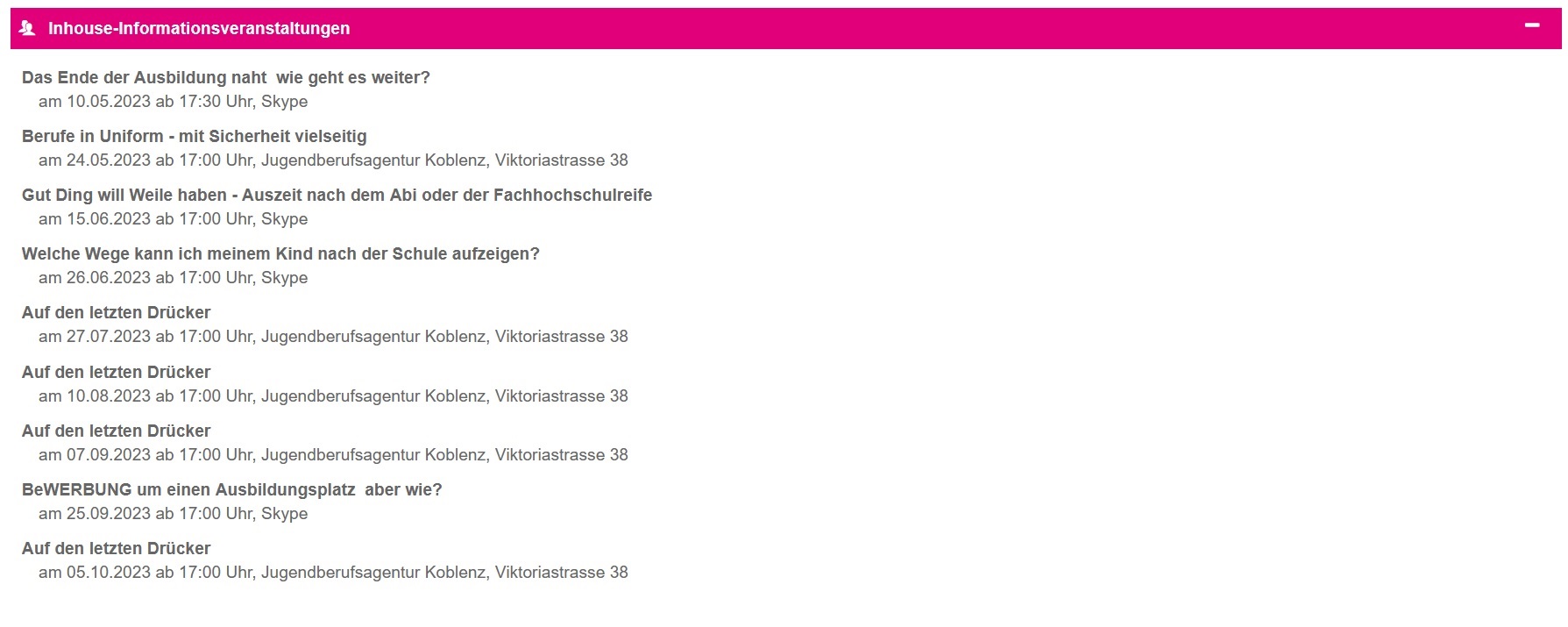 Ausstellerbeispiele Webcode-Seite | Inhouse-Informationsveranstaltungen
