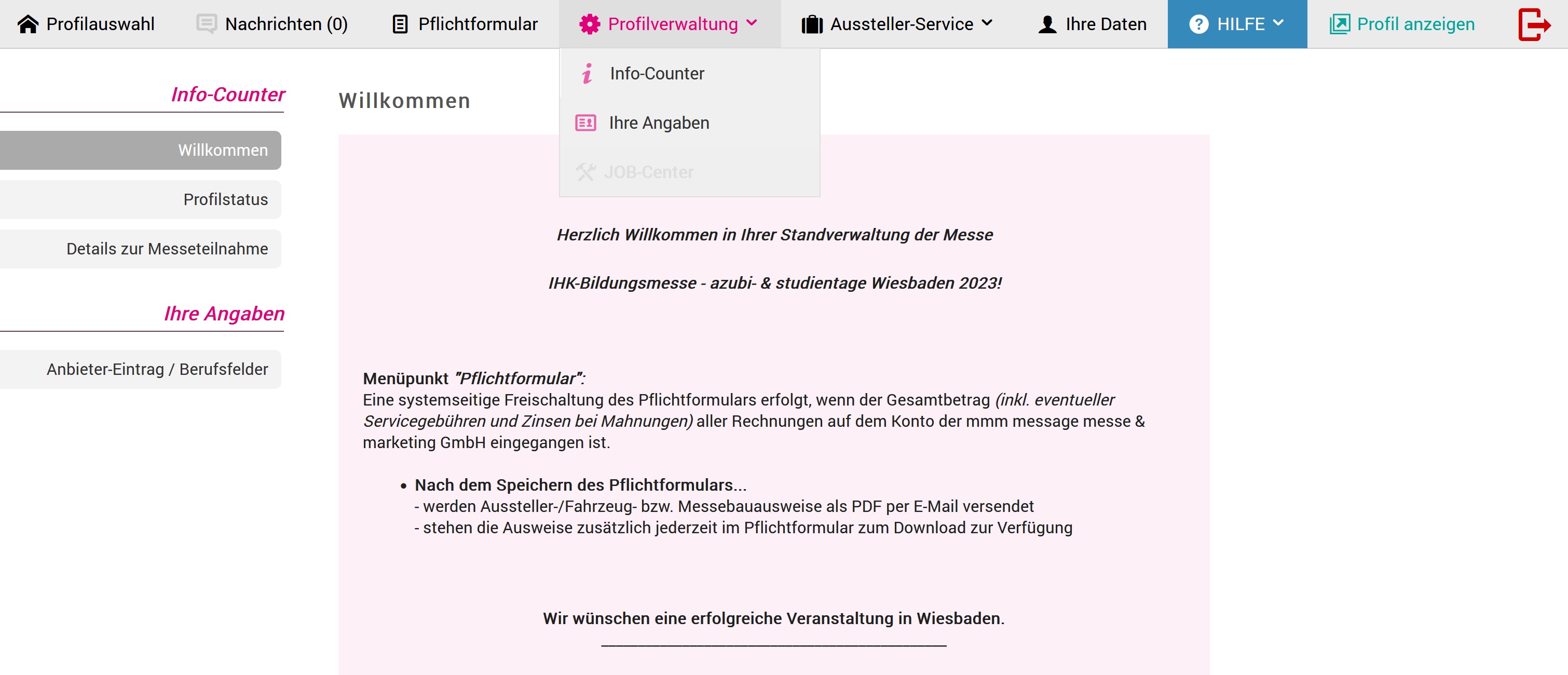 Menüpunkt "Profilverwaltung" - Service-Paket M