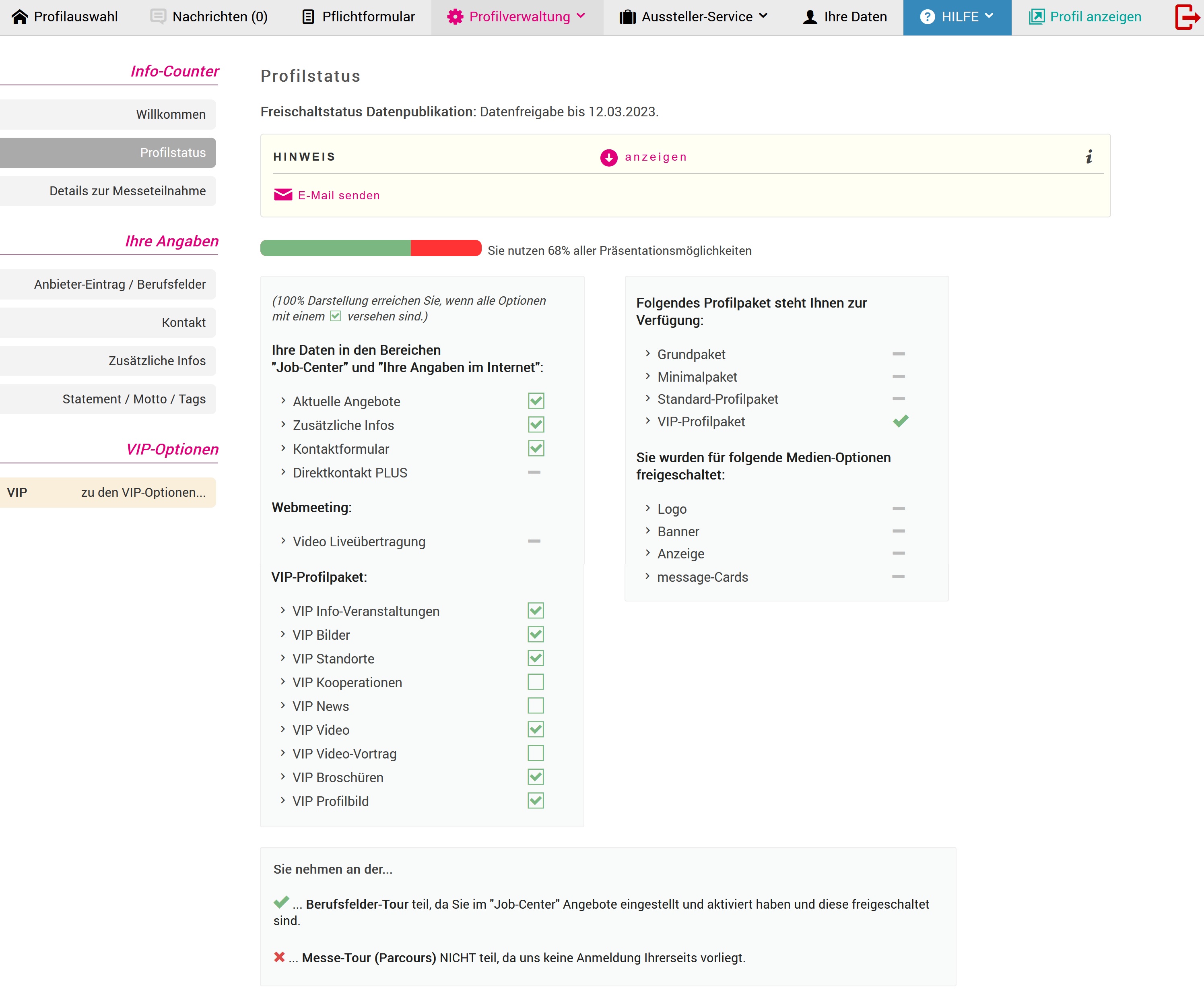 Beispiel: Profilstatus Servicepaket S: Vollständigkeit 68 % von 100 %.