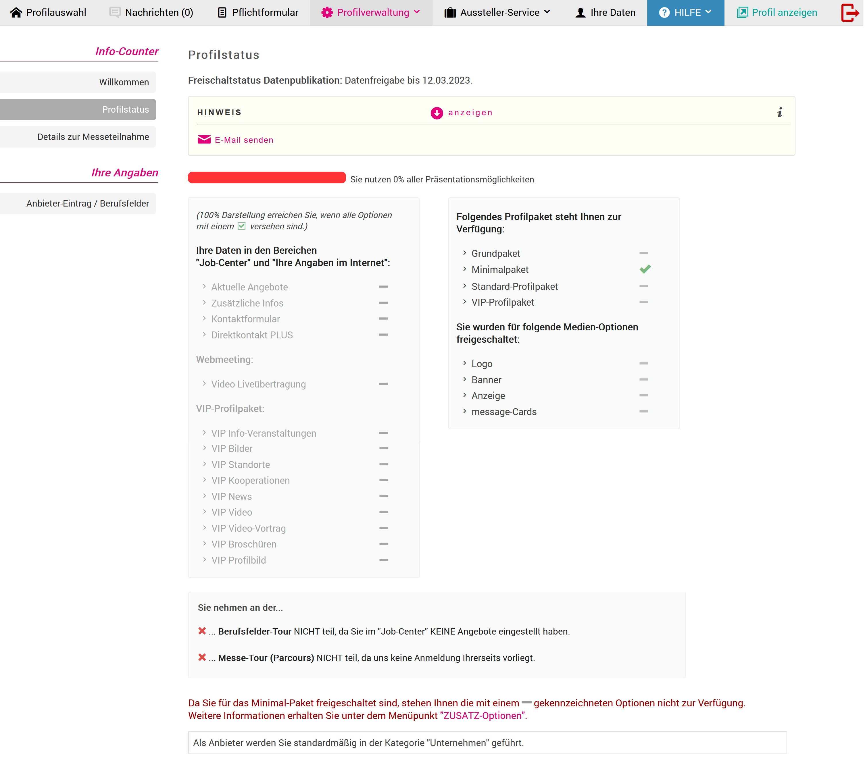 Beispiel: Profilstatus Servicepaket M: Vollständigkeit 0 % von 100 %.
