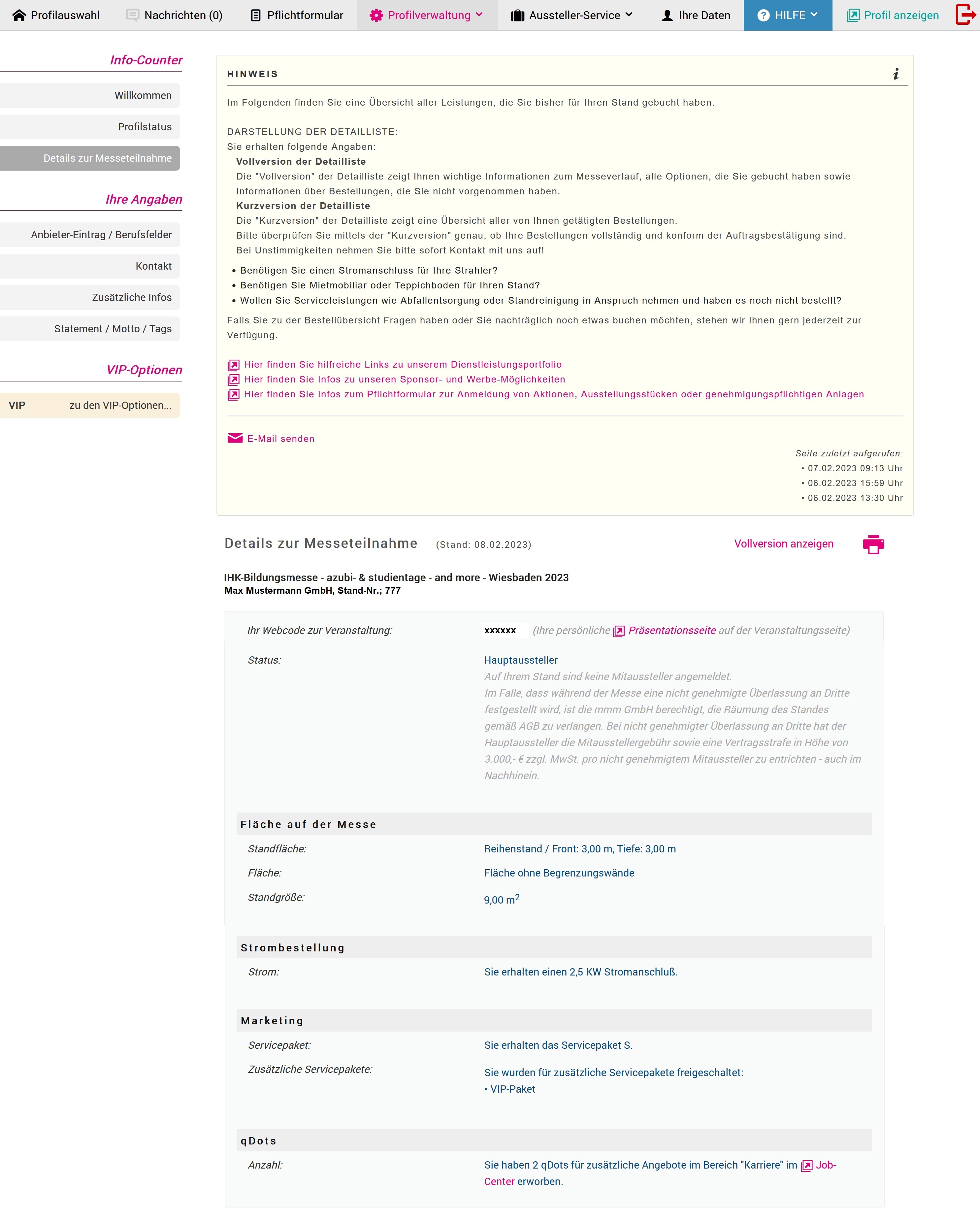 Beispiel: Details zur Messeteilnahme - Kurzversion Servicepaket S