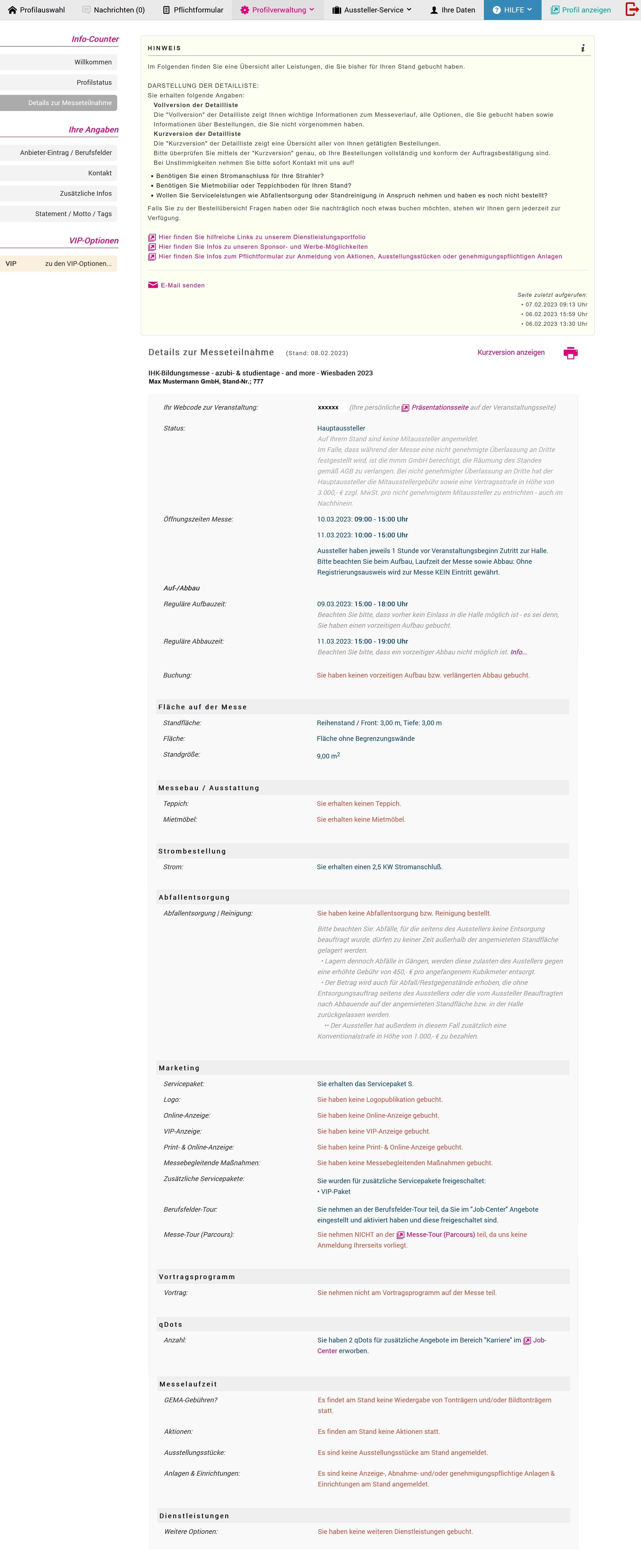 Beispiel: Details zur Messeteilnahme - Vollversion Servicepaket S