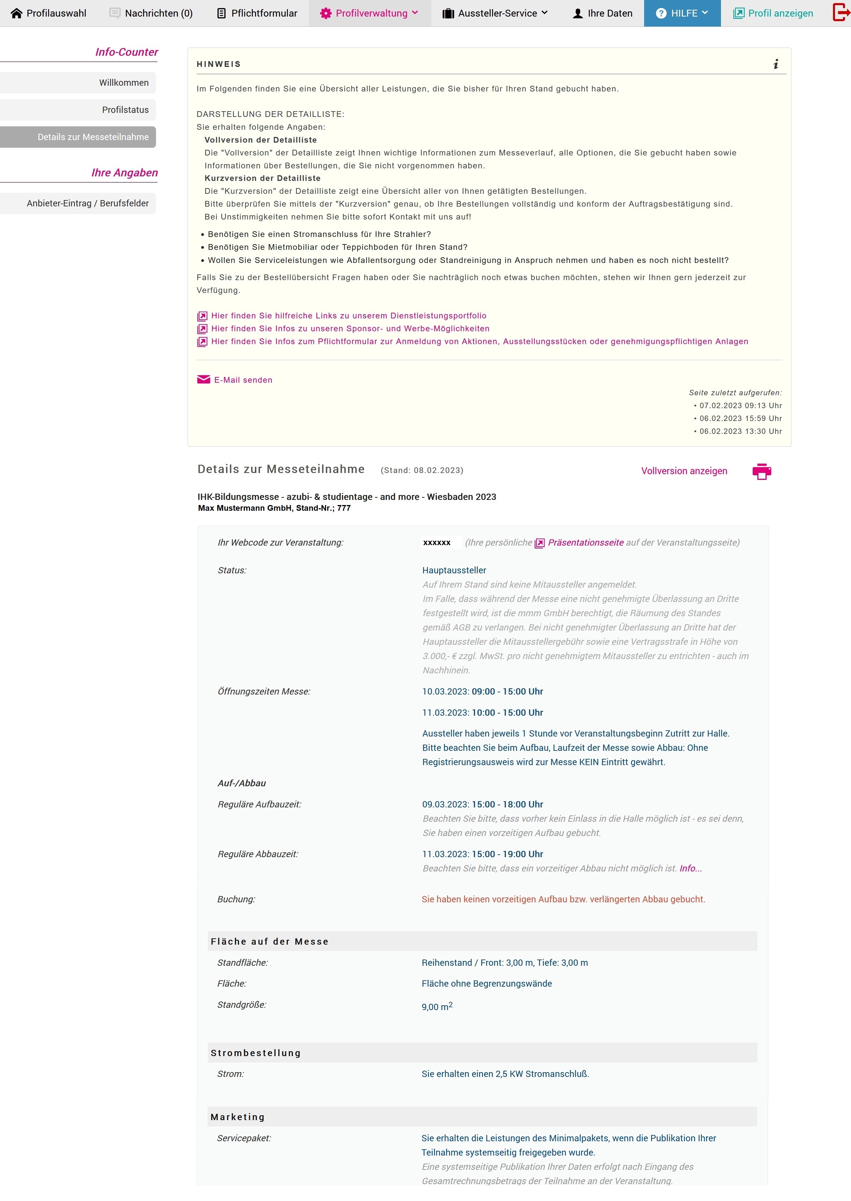 Beispiel: Details zur Messeteilnahme - Kurzversion Servicepaket M