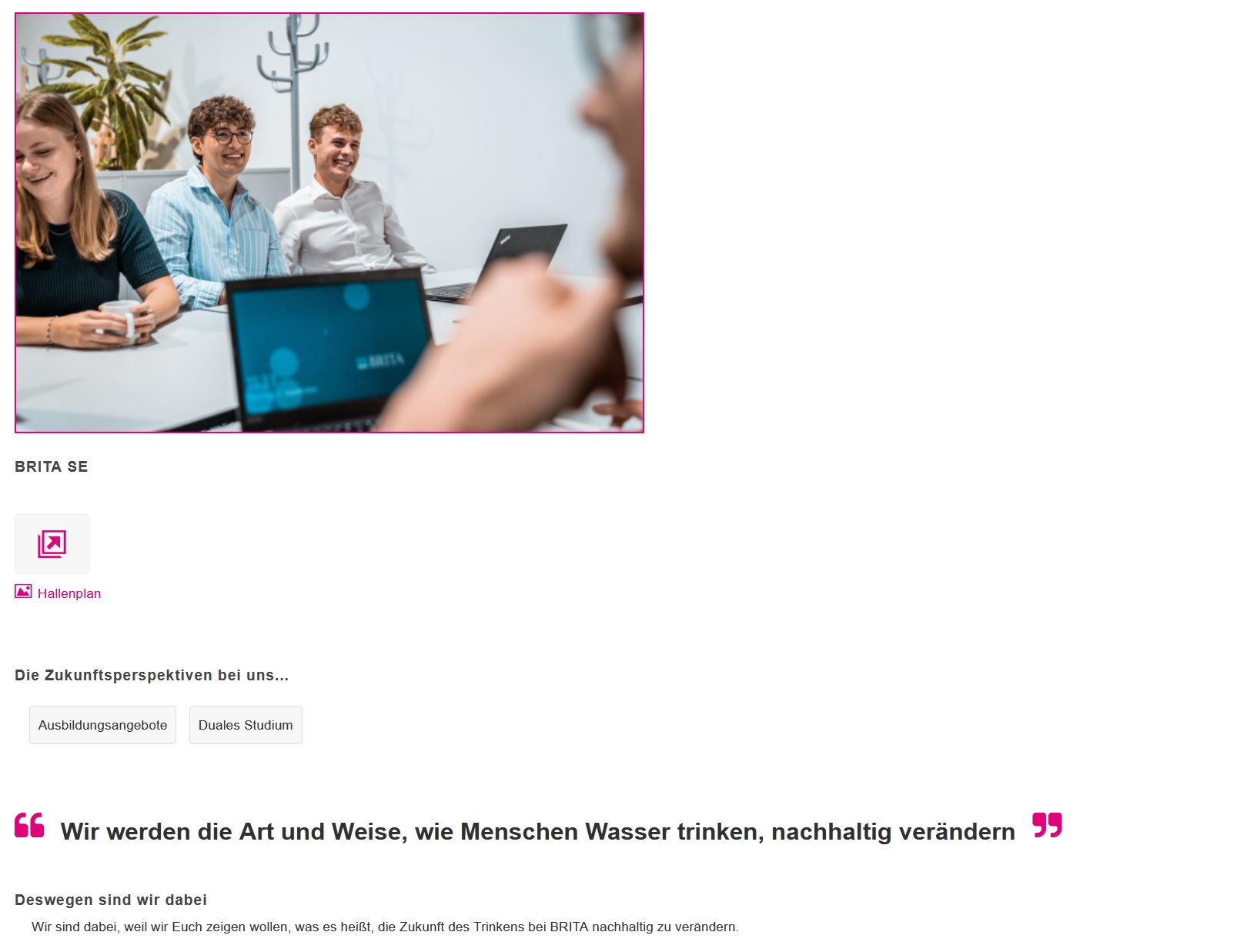 Ausstellerbeispiel Webcode-Seite mit Profilbild, "Perspektiven"-Angabe (Angebote Job-Center), Motto, Statement