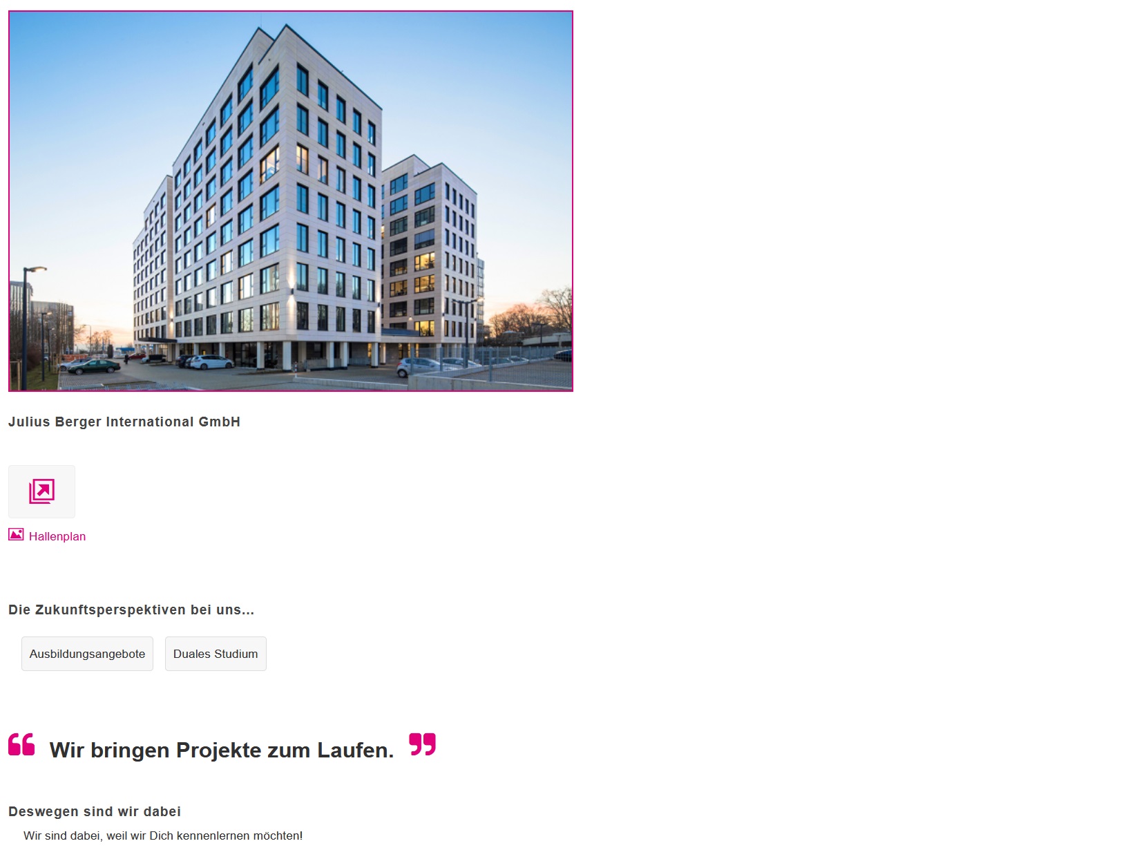 Ausstellerbeispiel Webcode-Seite mit Profilbild, "Perspektiven"-Angabe (Angebote Job-Center), Motto, Statement