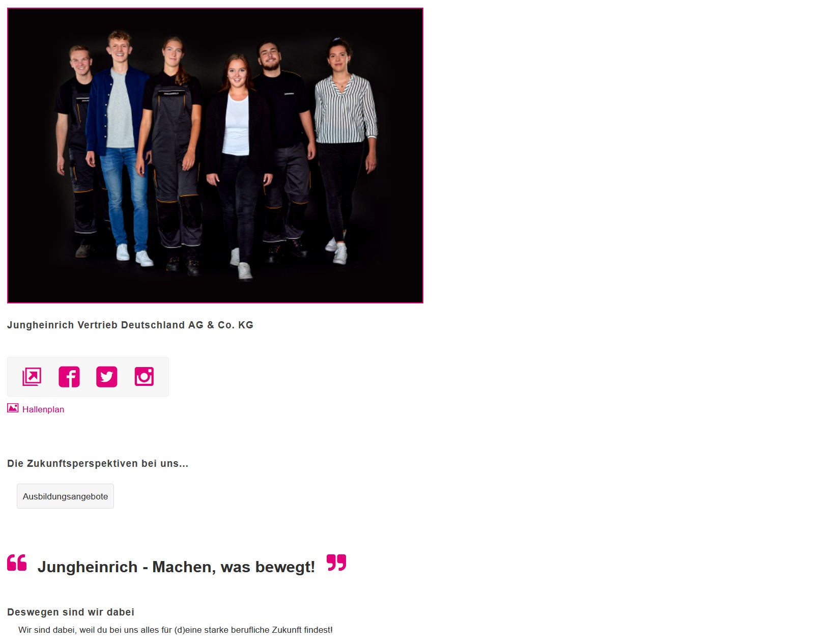 Ausstellerbeispiel Webcode-Seite mit Profilbild, "Perspektiven"-Angabe (Angebote Job-Center), Motto, Statement