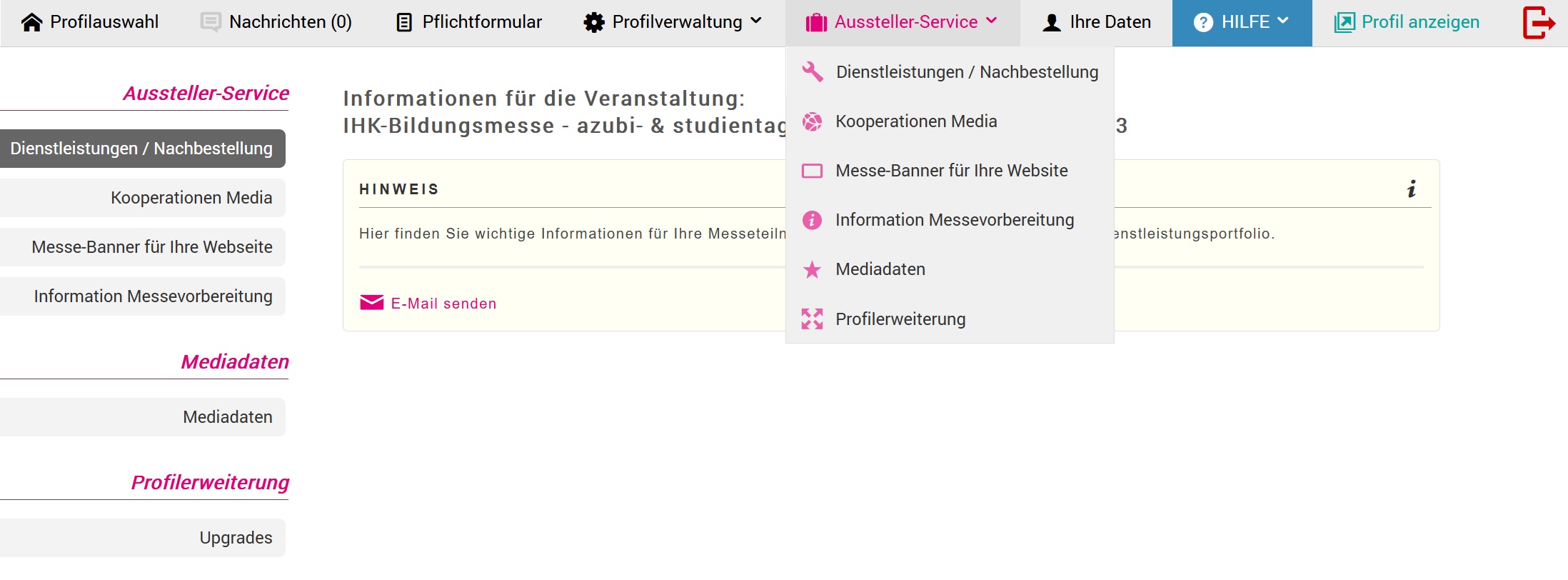 Standverwaltung - Menüpunkt "Aussteller-Service"